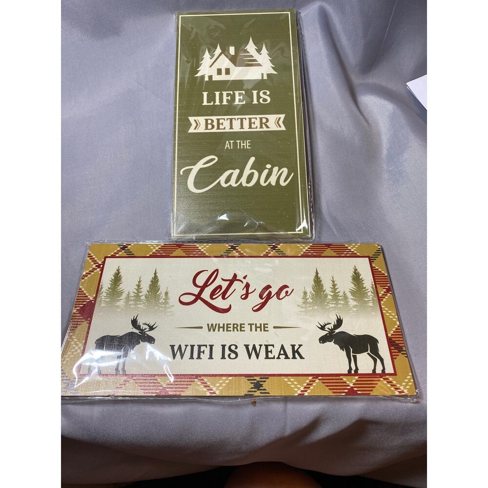 2 Plaques WIFI WEAK & Life Better Cabin Holly Lodge Wood Wall Plaque Home Decor